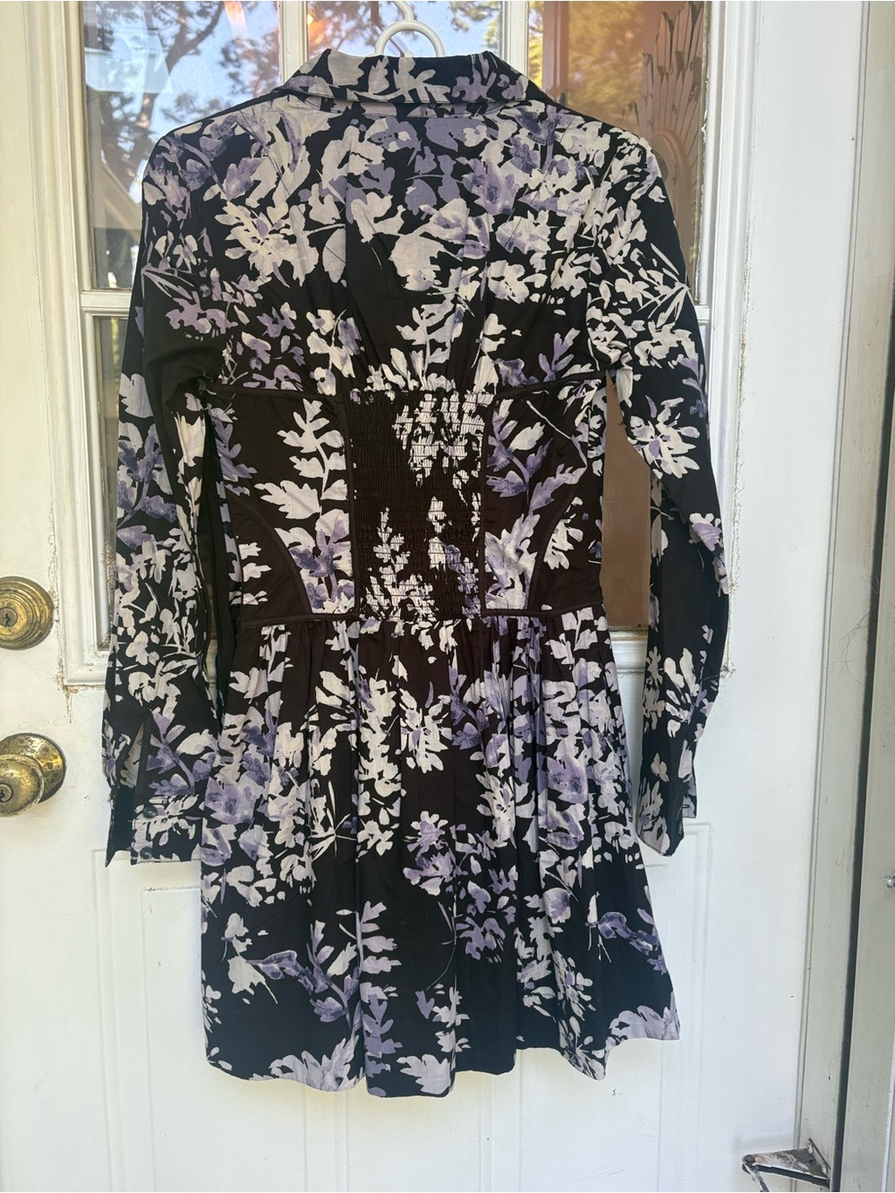 Anthropologie navy  Floral Long-Sleeve Smocked Waist Mini Dress